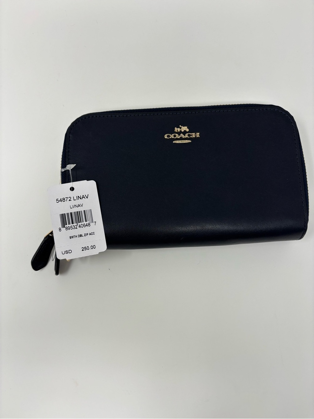 Coach Navy Leather Zip Wallet with Gold Logo
